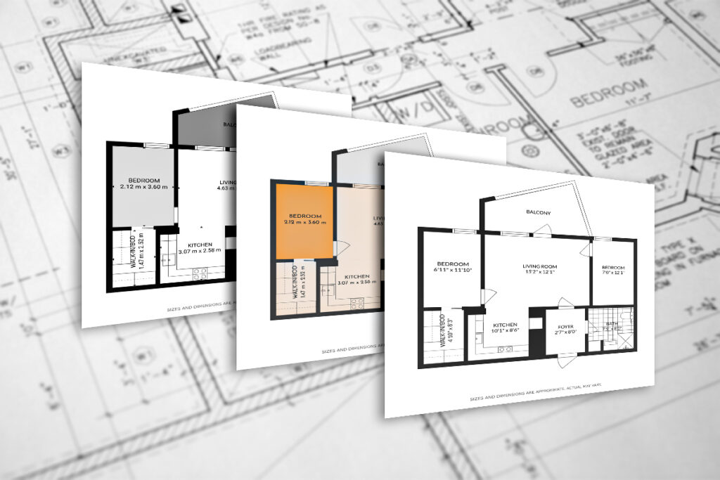 Examples of black-and-white and color floor plans over a blueprint background.
